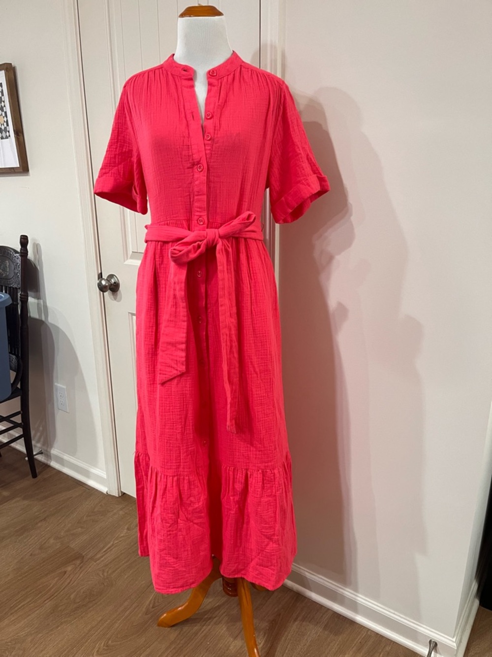 johnnie-O Coral-Pink Button-Front Tie-Waist Maxi Dress